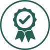 Ribbon badge with a checkmark, symbolizing certification, approval, or verified quality.