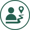 Person icon with a location pin and winding path, symbolizing journey, experience, or guidance.