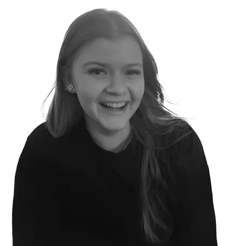 Black and white portrait of a smiling woman with long hair, isolated on a transparent background.