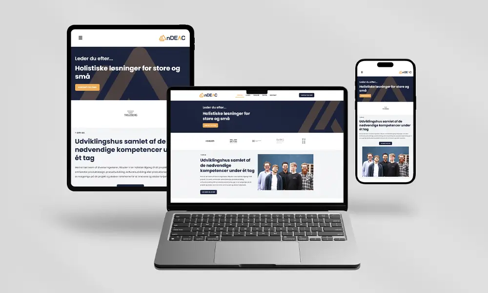 Mockup of the nDEAC website displayed on a tablet, laptop, and smartphone, showcasing a responsive web design on light grey background.