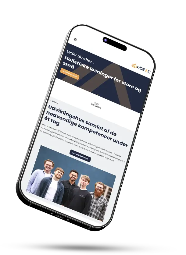 Floating tilted smartphone displaying the nDEAC website homepage with headline text and group photo of five smiling team members.