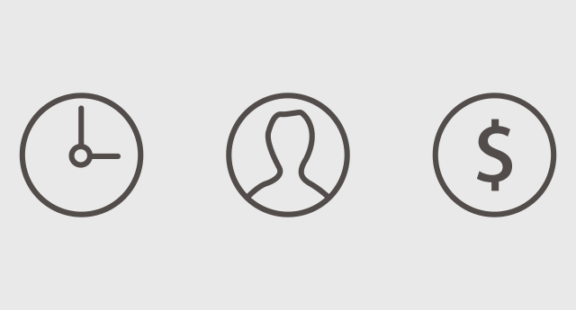 Three minimalistic line icons in dark grey on a light grey background: a clock, a person silhouette, and a dollar sign inside circles.