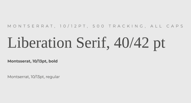 Typography sample showing Liberation Serif in 40/42 pt and Montserrat in various sizes and weights, including tracking and all caps settings.