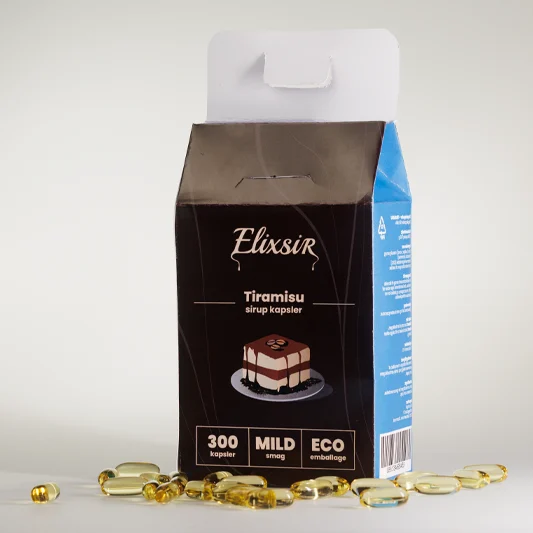 Elixsir Tiramisu syrup capsules box with blue side panel, surrounded by golden capsules, shown on a light background.