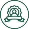 Green line icon of a person inside a badge or award ribbon, with a blank banner below, enclosed in a circle.