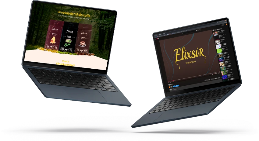 Two floating laptops on a transparent background. One screen displays Elixsir’s product website with syrup capsules, while the other shows a YouTube video with the Elixsir logo and “Sirup kapsler” title.