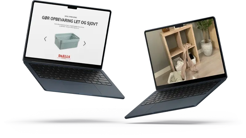 Two floating laptops with transparent background. One shows a website with storage boxes, the other a styled living space.