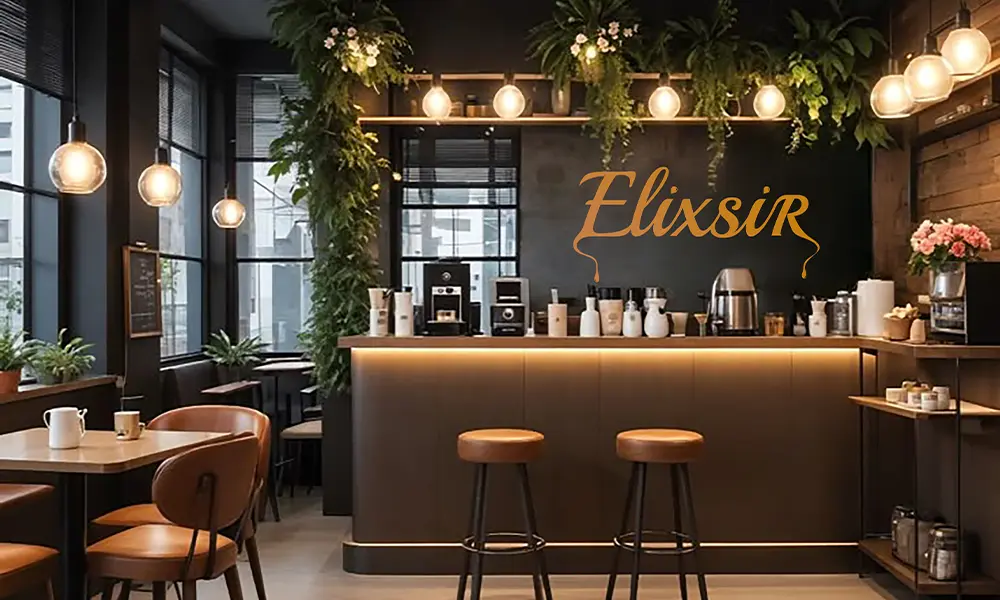 Stylish café interior with warm wooden details, modern furniture, and plants. The Elixsir logo is prominently displayed in gold on a dark wall behind the coffee bar, which is equipped with espresso machines, cups, and stools.