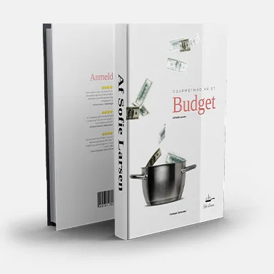 Book titled “Gourmetmad på et Budget” by Sofie Larsen, with dollar bills falling into a cooking pot on the cover.