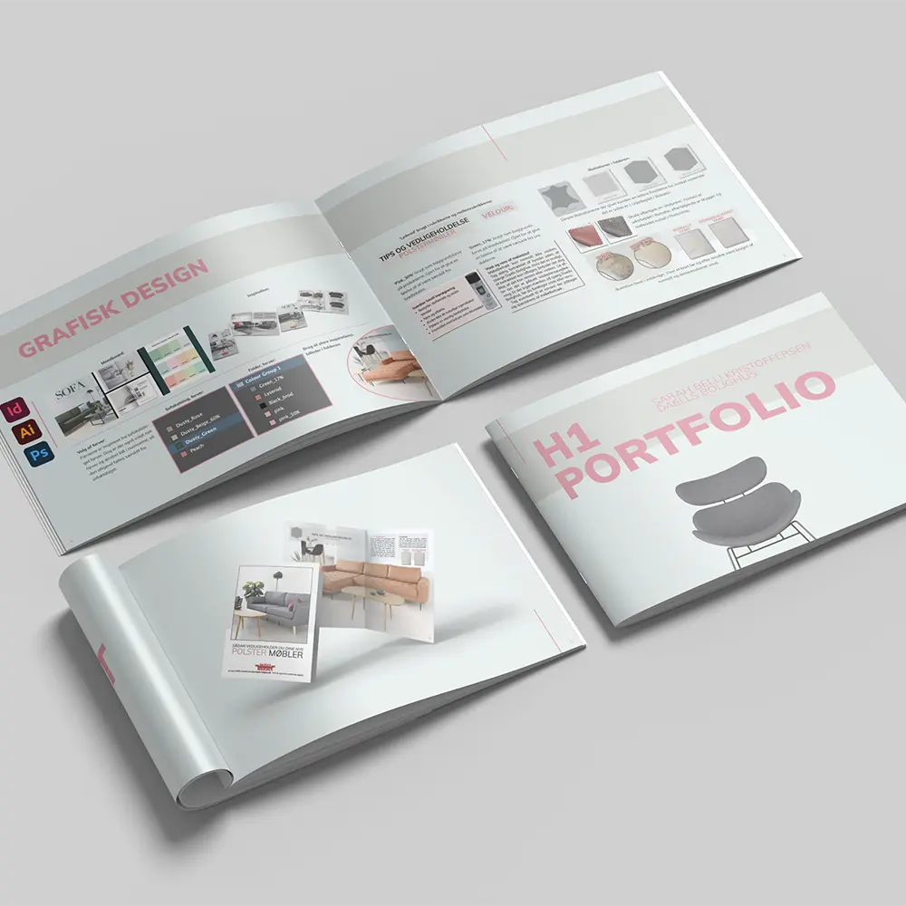 Open and closed views of a horizontal design portfolio titled "H1 PORTFOLIO," showing layout work, graphic design elements, and product mockups.