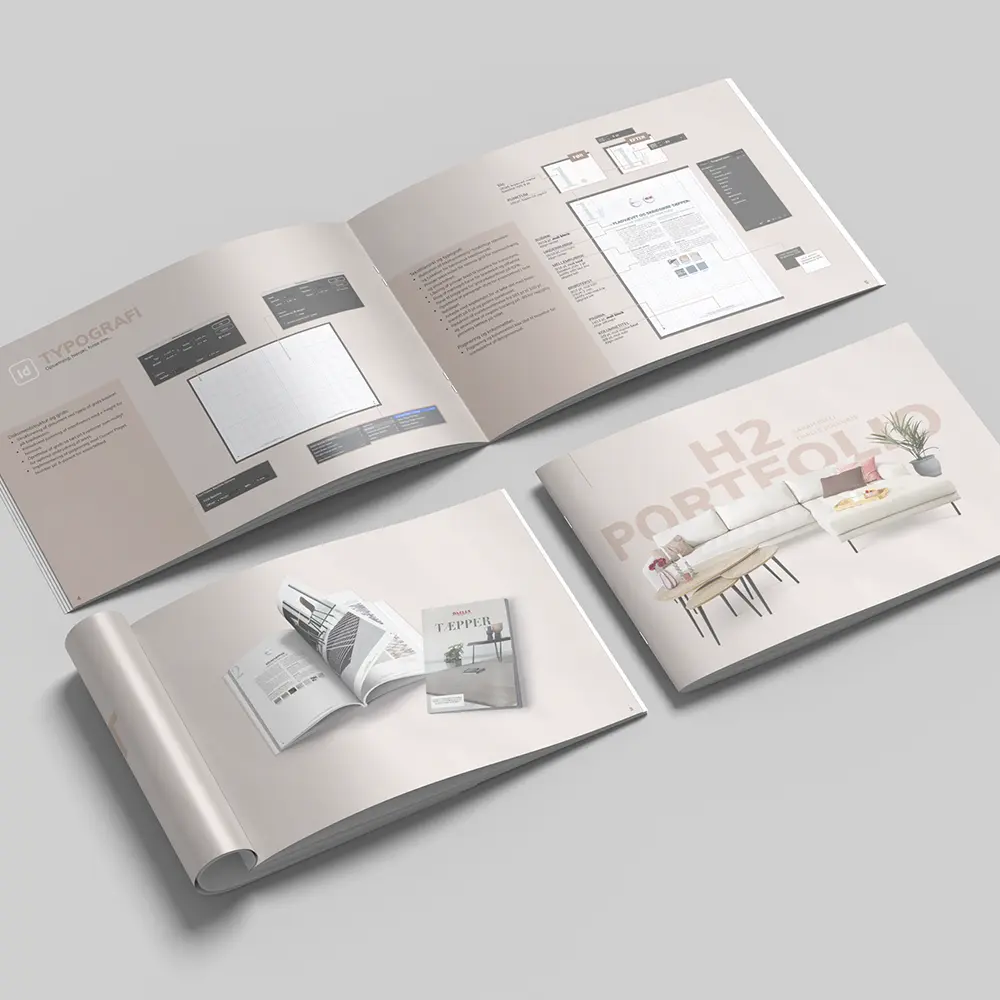 Second horizontal portfolio titled "H2 PORTFOLIO" showcasing work on typography, grid systems, and layout for a printed rug catalog.