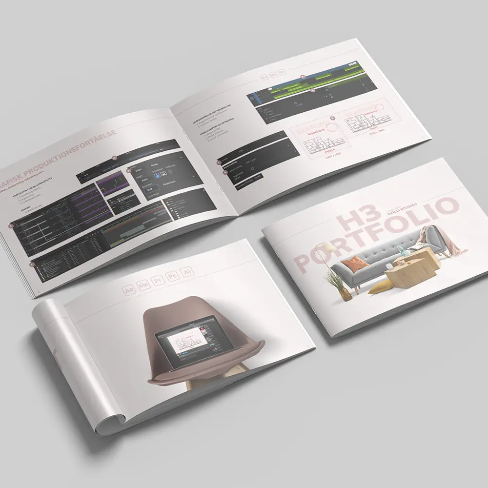Spread of H3 portfolio showing After Effects interface, a chair photo, and a 3D mockup of a living room design.