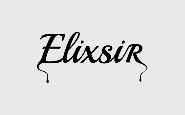 Elixsir logo in black script with stylized dripping ends on the first and last letters, set against a light grey background.