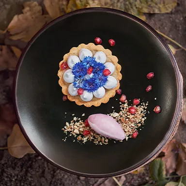 Plated dessert featuring a tart with blue flowers and cream, served with pink sorbet, pomegranate seeds, and chopped nuts.