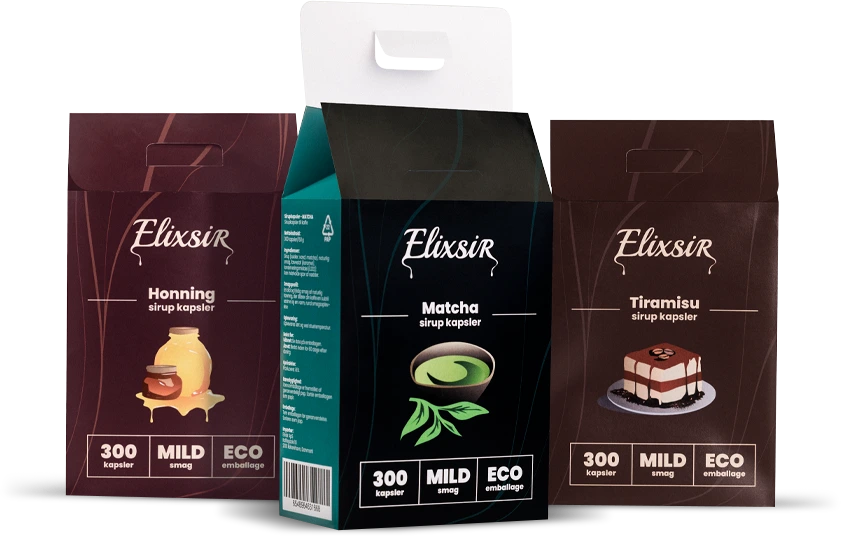 Three Elixsir syrup capsule boxes displayed side by side on a transparent background: Honey (brown), Matcha (green), and Tiramisu (dark brown). Each box highlights "300 capsules," "MILD taste," and "ECO packaging."