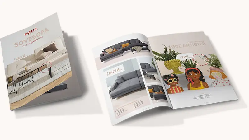 Sofa catalog from Daells Bolighus with an open spread showing product pages and price highlights.
