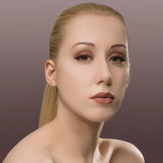 Close-up beauty portrait of a woman with light blonde hair and flawless makeup, edited with soft shadows and a gradient background.