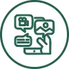 Hand holding icons for chat, image, and video, representing multimedia content or social media management.