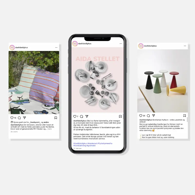 Three Instagram posts from Daells Bolighus displayed on phones, showcasing outdoor cushions, the Aida tableware set, and the Nyhavn table lamp.