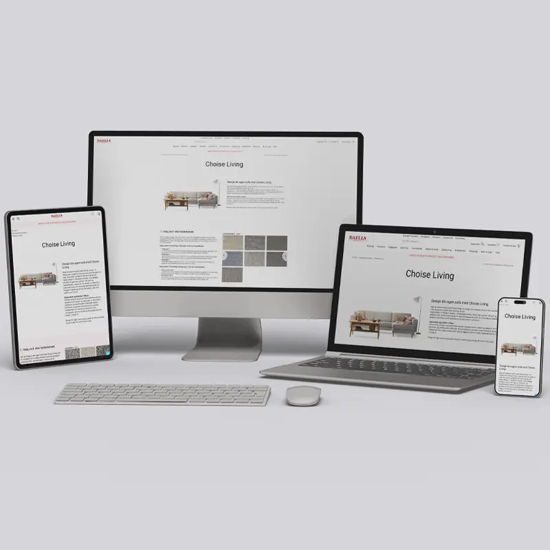 Mockup showing the Daells Bolighus website displayed on desktop, laptop, tablet, and smartphone, illustrating responsive web design.