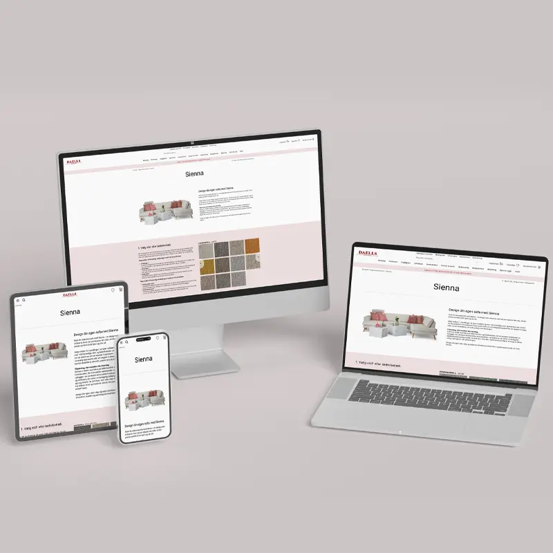 Responsive design mockup of the “Sienna” product page from Daells Bolighus, shown on desktop, laptop, tablet, and smartphone with a pink background.
