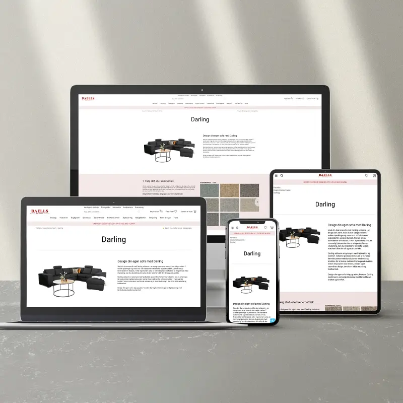 Responsive mockup of the Daells Bolighus “Darling” product page displayed on desktop, laptop, tablet, and smartphone.